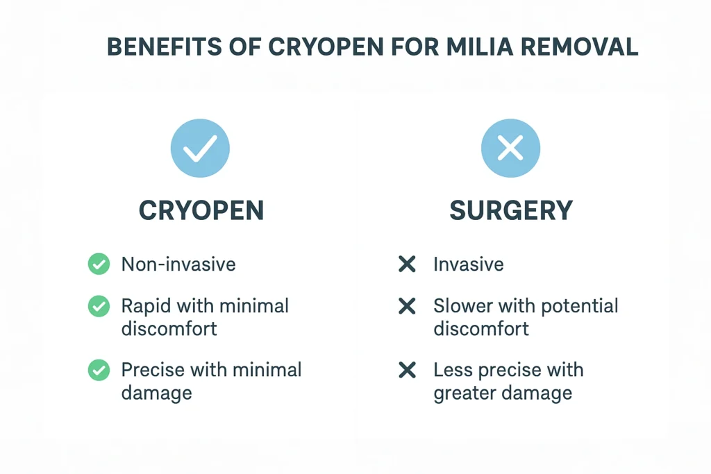 Benefits of cryopen for milia removal Greater London (Lambeth) compared to surgical treatments.