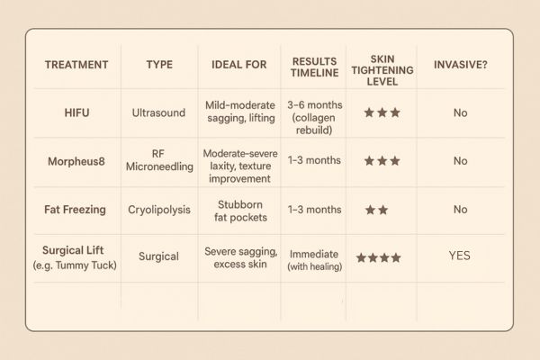 Table showing the comparisons of Skin tightening Greater London (Lambeth) treatment options.